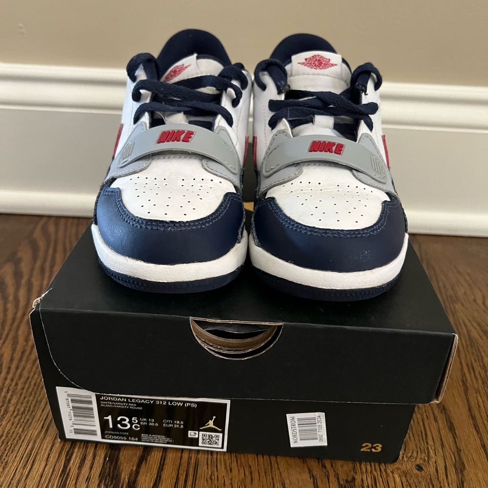 Jordan Kids' Legacy 312 Low White, Varsity Red, Navy. Size 13.5